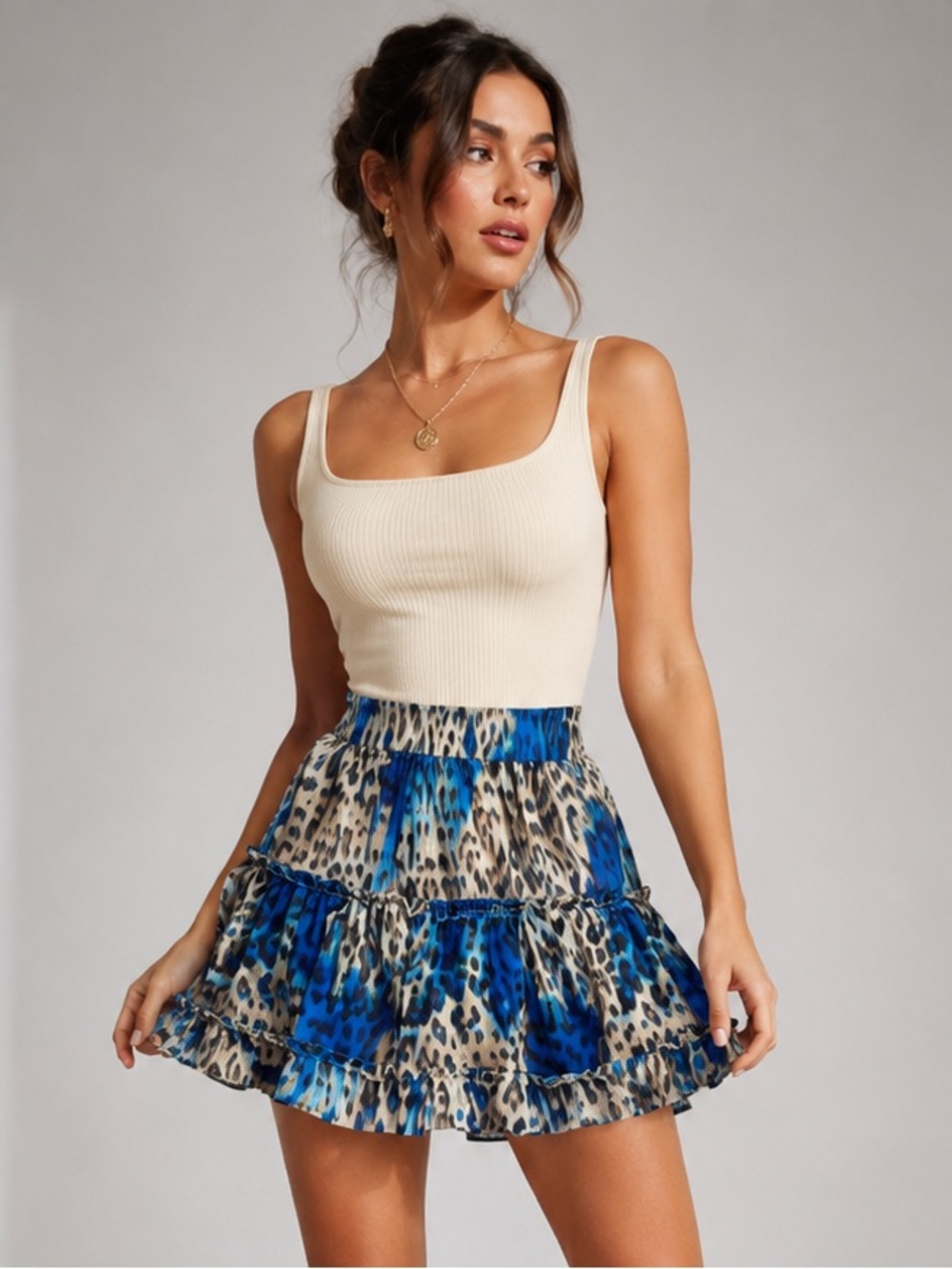 Guess Blue Leopard Print Ruffle Mini Skort Built In Shorts S